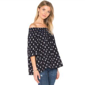 Current Elliott Ikat Top Shirt Womens 2 Medium Navy Blue Off the Shoulder Blouse
